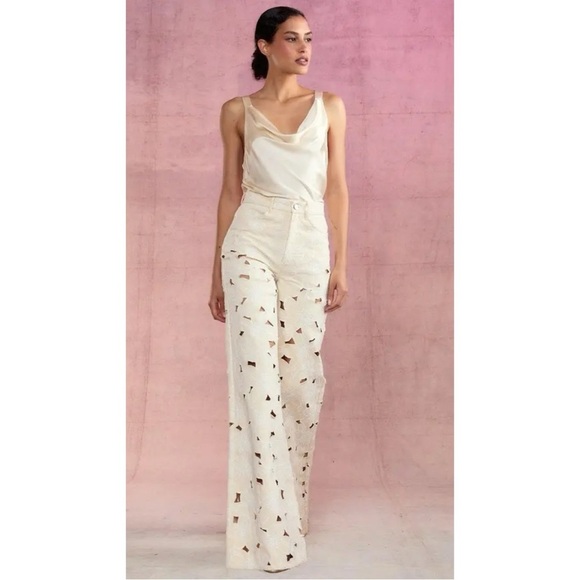 Cynthia Rowley Flora Cutout Jeans High Waist Wide Leg Cream Floral Lace Denim 26 - Picture 15 of 15